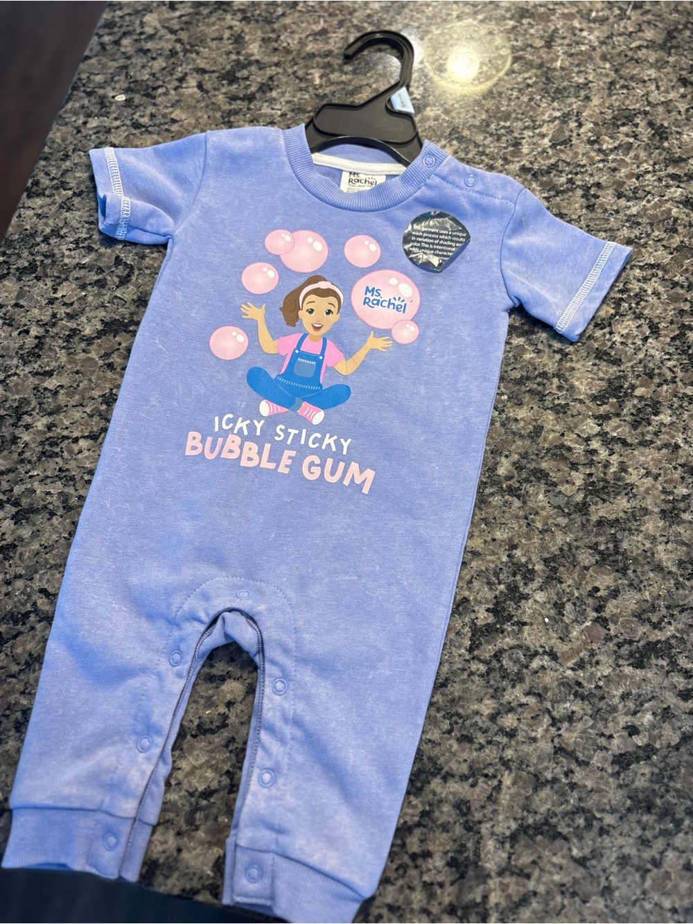 Ms. Rachel Icky Sticky Bubble Gum Baby Romper Blue Acid Wash sz 6-9 months NEW